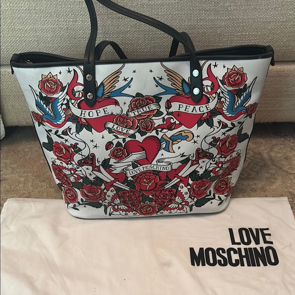 Love Moschino White and Red Shoulder Bag with Floral Design